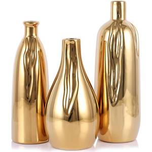 lot 7535 image: Glossy Gold Ceramic Vase Set of 3, Ceramic Vase Set for Decorative, Glossy Gold Single Stem Vases for Centerpieces Nightstand Kitchen, Boho Farmhouse Home Decoration