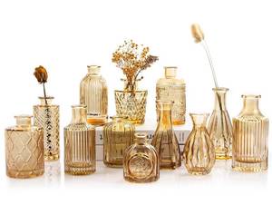 lot 7545 image: TBWIND Gold Amber Glass Bud Vases Set of 12, Small Vases for Flowers, Champagne Mini Vintage Vases for Centerpieces,Bud Vase in Bulk for Wedding Decor,Single Flowers,Office and Home Table Flower D�cor