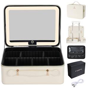 lot 7554 image: Faquenc Leather Makeup Case with LED Lighted Mirror 11.4 Inch Travel Makeup Bag Adjustable Brightness in 3 Colors Cosmetic Organizer Artist Storage Bag with Dividers Brush Holder Bag Vanity White