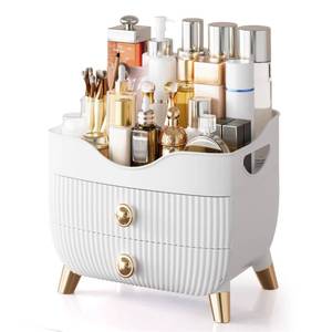 lot 7569 image: Makeup Organizer Countertop, Large Capacity Skincare Cosmetic Organizer for Vanity with 2 Drawers, Cosmetic Display Cases Makeup Storage Box for Bedroom, Bathroom, Ideal Gifts for Women(White)