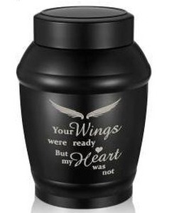 lot 26373 image: Black Memorial Urn with Angel Wings Design