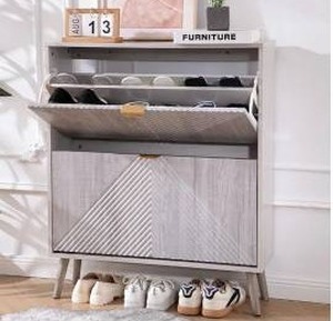 lot 39728 image: Oakvivo Shoe Cabinet with 2 Flip Drawers, Gray