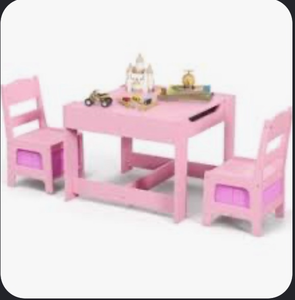 lot 3080 image: Costway 3Pcs Table Chairs Set Play Desk wStorage Box & Removable Tabletop Study Drawing Pink - Retail $0