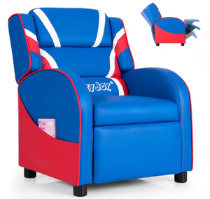 lot 3099 image: Blue Faux Leather Upholstery Kids Recliner Gaming Sofa wSide Pockets - Retail $134
