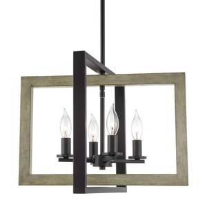 lot 3103 image: Kira Home Carrington 18  4-Light Farmhouse Geometric Pendant Chandelier  Open Design  Gray Oak Wood Style  Black - Retail $128