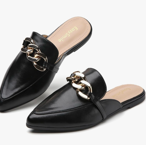lot 3119 image: Tilocow Metal Chain Decor Flat Mules for Women Closed Round Toe Slip on Loafers Slides Backless Mules Flats 9.5  - Retail $0