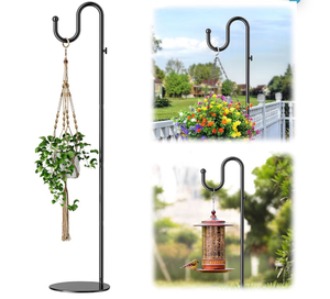 lot 3122 image: Shepherds Hook Stand Hanging Wind Chimes, Bird Feeders, Plants, Lanterns and Wreath, Adjustable Free Standing Pole Holder with Heavy Duty Base for Indoor & Outdoor, Holds Up to 20 LBS - Retail $0