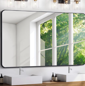 lot 3131 image: FORBATH Large Bathroom Mirror 36 x 55 Inches��Black Large Wall Mirror Aluminum Frame Wall Mounted Rounded Corner Morndern Mirror for Bathroom Bedroom Entryway Living Room - Retail $160