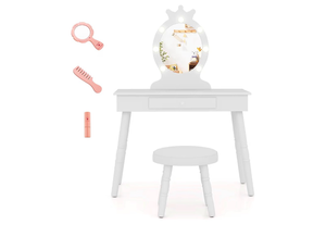lot 3141 image: 2-in-1 Kids Makeup Vanity, Girls Vanity wLights, Stool, Mirror & Drawer, Detachable Top, 3-Color LED Lights, Vanity Mirror with Lights for Princess Ages 3-7 - Retail $0