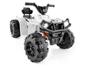 lot 3150 image: Best Choice Products 12V Kids Ride-On Electric ATV, 4-Wheeler Quad Car Toy wBluetooth Audio, 2.4mph Max Speed, Treaded Tires, LED Headlights, Radio - White (missing back seat brace) - Retail $0