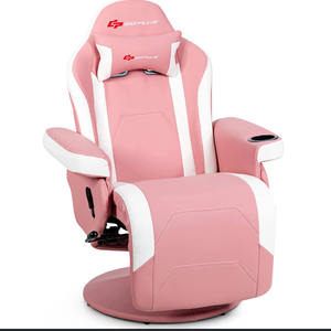 lot 3154 image: Pink Massage Gaming Chair by Costway (small tear in fabric of left arm rest, see pic) (some pieces assembled, otherwise there is loose hardware) - Retail $0
