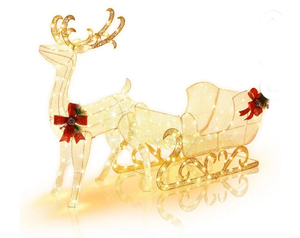 lot 3155 image: Costway 6 FT Christmas Lighted Reindeer & Santas Sleigh W 215 LED Lights & 4 Stakes Gold - Retail $0