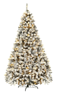 lot 3162 image: Costway 9 ft Pre-Lit Premium Snow Flocked Hinged Artificial Christmas Tree with 550 Lights - Retail $200