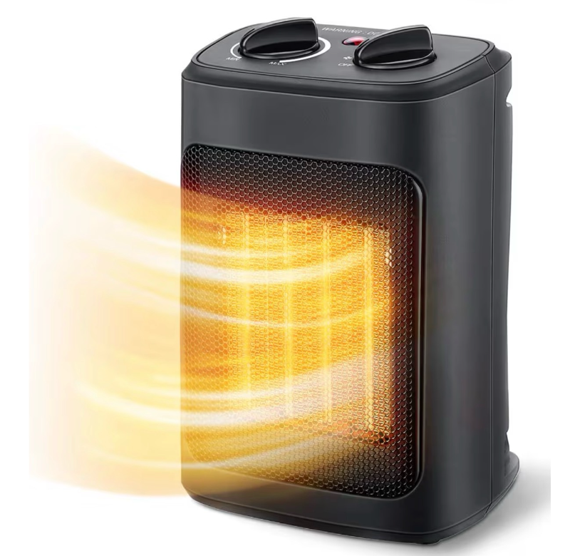 lot 1978 image: Space Heater, 1500W Electric Heaters Indoor Portable with Thermostat, PTC Fast Heating Ceramic Room Small Heater with Heating and Fan Modes for Bedroom, Office and Indoor Use - Retail $0
