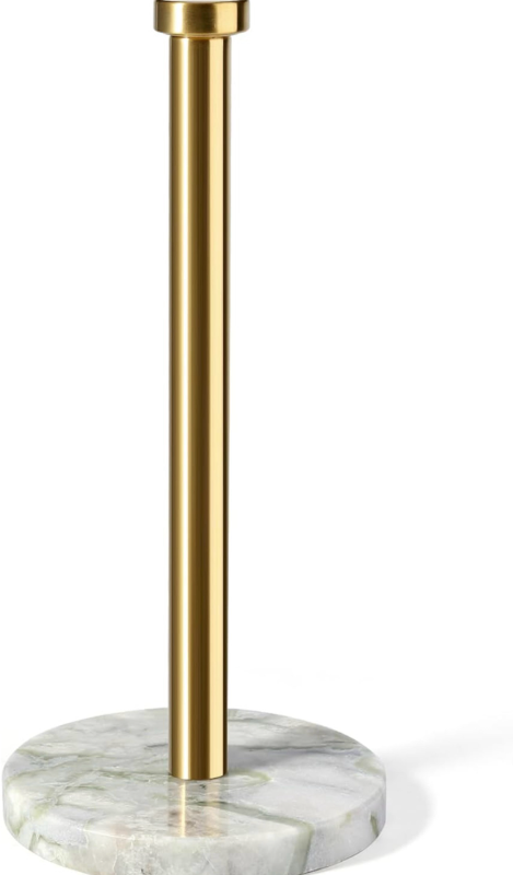 lot 2024 image: Koville Genuine Marble Paper Towel Holder Countertop, 6 Stone Base Gold Rod Paper Towel Holder Stand for Kitchen Storage, for Standard or Jumbo-Sized Rolls - Retail $0