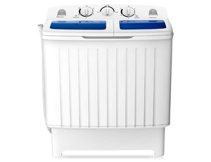 lot 3190 image: COSTWAY Portable Washing Machine, Twin Tub 20 Lbs Capacity, Compact Laundry Washer(12 Lbs) and Spinner(8 Lbs), Durable Design, Timer Control, Perfect for RV, Apartments and Dorms, BlueWhite - Retail $160