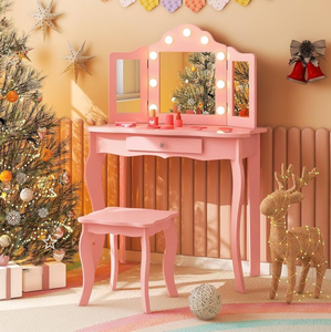 lot 3196 image: HONEY JOY Kids Vanity Set with Lighted Mirror, 2 in 1 Princess Toddler Dressing Table wTri-Fold Mirror & Drawer, Wooden Makeup Table & Chair Set, Pretend Play Vanity Set for Little Girls (Pink) - Retail $0