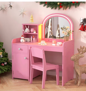lot 3202 image: INFANS Kids Vanity, Princess Makeup Desk and Chair Set with Lights Mirror Drawer Storage Shelves, Wooden Dressing Table, Pretend Play Vanity Set for Girls - Retail $0