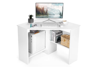 lot 3204 image: LDAILY Moccha Corner Desk, Space-Saving Computer Desk for Small Spaces, Vanity Desk with Storage Shelves & 2 Cable Holes, for Home Office, Living Room, Bedroom (White) - Retail $0