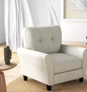 lot 3223 image: Beige Modern Upholstered Accent Arm Chair with Rubber Wood Legs - Retail $300