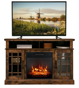 lot 3224 image: COSTWAY Electric Fireplace TV Stand for TVs Up to 55 Inches, 18-Inch Fireplace Insert with Remote, Overheat Protection, 48-Inch Wooden Media Entertainment Center with Adjustable Shelves, Brown - Retail $0