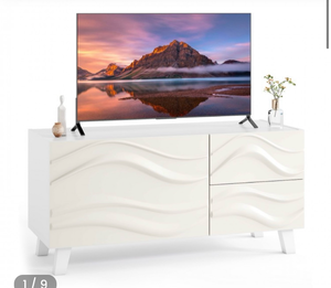 lot 3232 image: Small TV Stand for TVs up to 44, White Sideboard Buffet Cabinet wStorage & Drawers, Modern TV Console Table wWavy Pattern Design, Elegant Entertainment Center for Bedroom, Living Room - Retail $0