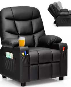lot 3234 image: CostwayBlack Faux Leather Upholstery Kids Recliner wCup Holders & Side Pockets - Retail $0
