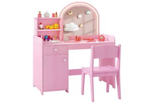 lot 3247 image: Costzon Kids Vanity, Girls Vanity Set with Mirror and Stool and Lights, Makeup Vanity Desk with Lights, Drawer & Storage Cabinet, Wooden Dressing Table, Vanity Table and Chair Set (Pink) - Retail $0
