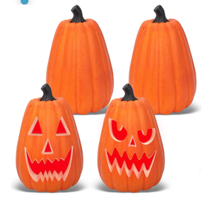 lot 3260 image: Lanpn 10 Inch Halloween Carvable Pumpkin 4 Pcs, Large Light up LED Artificial Foam Tall Carved Pumpkins Jack O Lantern with Emoji Templates Paints for Fall Autumn Thanksgiving Harvest Indoor Decor - Retail $0