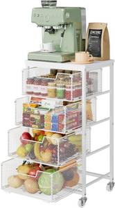 lot 921 image: $54 4-Tier Kitchen Cart with Drawers, Wooden Top, Metal Wire, Wheels, see n