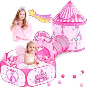 lot 997 image: 3-in-1 Girls Princess Play Tent with Ball Pit, Tunnel & Castle