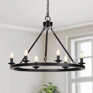 lot 1007 image: Black Farmhouse Chandelier, 6-Light Wagon, Adjustable Height