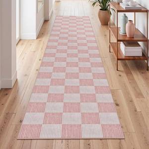 lot 1020 image: Washable Checkered Runner Rug 2.6x8, Non-Slip Soft Hallway
