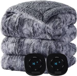 lot 1028 image: $309 Dual-Control Adjustable Heated Blanket, 84x90, CreamGrey (Timed)