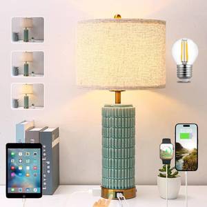 lot 1039 image: $60 Green Ceramic Table Lamps with USB Port and Outlet, 3-Way Dimmable