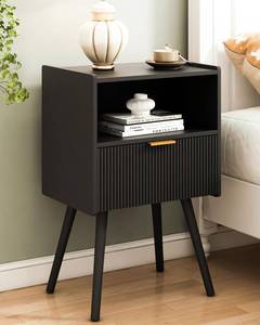 lot 1047 image: $57 Black Nightstand with Storage Drawer, Open Wood Shelf
