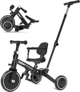lot 1081 image: $70 XJD 6-in-1 Folding Toddler Tricycle with Parental Handle, Black