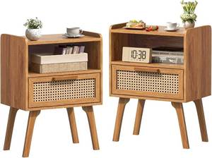 lot 1113 image: $80 Lerliuo Rattan Nightstands Set of 2 with Drawer, Wood Legs