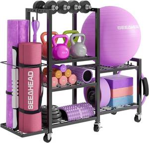 lot 1119 image: $70 6-Tier Home Gym Storage Rack with Wheels, Dumbbell & Mat Organizer