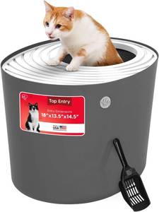 lot 1131 image: IRIS USA Cat Litter Box, Large Top Entry, Lid & Scoop