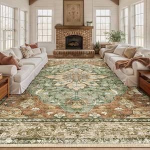 lot 1135 image: $140 9x12 Area Rug Washable Non-Slip Floral Vintage Distress Medallion