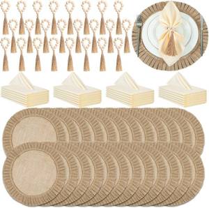 lot 1137 image: $87 Gejoy 72 Pcs Round Burlap Placemats, Wood Bead Napkin Rings
