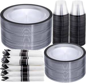 lot 1159 image: $49 250 Pcs Clear & Black Plastic Plates, Cups, Napkins