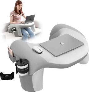 lot 1173 image: $50 Reading Pillow with Lap Desk, Arm Rest, CupPhone Pocket, Grey