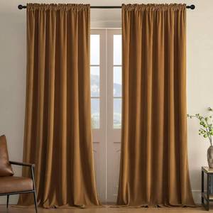 lot 1183 image: Joydeco Camel Brown Velvet Curtains 90in 2 Panels, Blackout Drapes