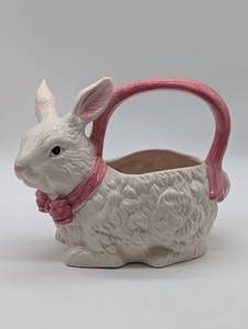 lot 22316 image: White Ceramic Bunny with Pink Ribbon Basket