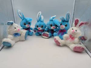 lot 22352 image: Fuzzy Friends Blue and White Bunny Plush Collection, set of 6.