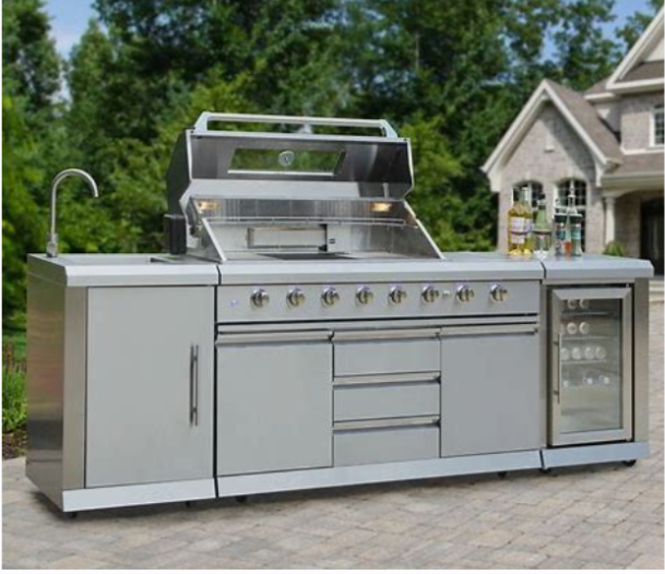 lot 39015 image: &nbsp3 Piece Modular Stainless Steel Kitchen Island includes BBQ Grill, Sink, and Refrigerator  HGG6006S-1  HGG6006S