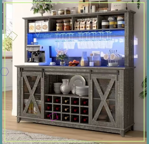 63\" Farmhouse Coffee Bar Cabinet with LED Lights, Sliding Barn Door, 15 Wine Racks & Storage Hutch for Kitchen Dining - Retail: $608