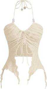 lot 2712 image: SOLY HUX Womens Y2k Halter Drawstring Front Asymmetrical Hem Cami Crop Tops Plain Apricot Large